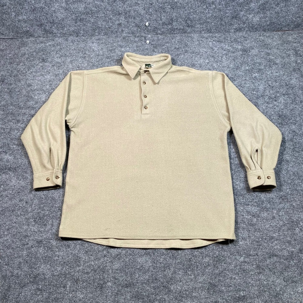 LL Bean Mens Fleece Polo Shirt Tan Beige Long Sleeve Made in USA Size M J603
